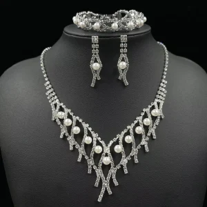 New Arrival Jewelry Set Tassel Rhinestone Necklace Earrings Bracelet Jewelry Set Pearl Jewelry Sets for Women