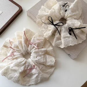 New Arrival Korean Sweet Ballet Lace Scrunchies Thin Ribbon Bow Decor Elastic Hair Scrunchy for Girls Daily Hair Accessory