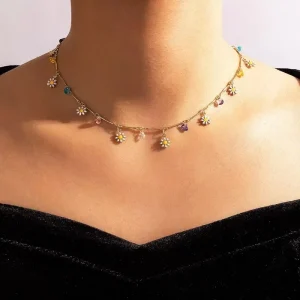 New Arrival Minimalist Pearl Chrysanthemum Necklace Colorful Crystal Bracelet Set Trendy Fashion Drop Oil Flower Jewelry Women