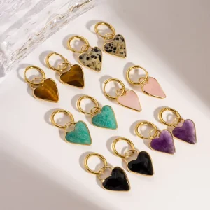 New Arrival Natural Gemstone Heart Charm Nickel free Stainless Steel Amethyst Rose Quartz Dangle Earrings for Women
