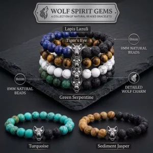 New Arrival Natural Lava Stone Beaded Bracelet Wolf Head Charm Mens Fashion Punk Biker Style Jewelry Supply