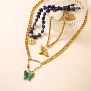 New Arrival Personalized 316l Stainless Steel Jewelry 18k Pvd Gold Necklace High Fashion Heart Shaped Stone Beaded Link Classic