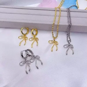 New Arrival Princess Bow Stud Earrings Bowknot Jewelry Set 18K Gold Plated Brass Bow Necklace Earrings