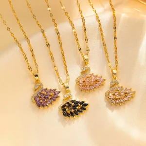 New Arrival Sparkling Crystal Swan Pendant Necklace Gold Plated Thin Chain Colorful CZ Women Fashion Accessories Bulk