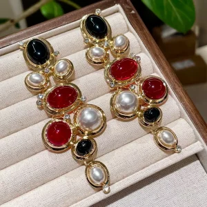 New Arrival Trendy Statement Vintage Designer Geometric Colorful Big Long Resin Red Long Pearl Drop Earrings Jewelry Party