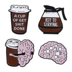 New Arrival Unique Coffee Series Brooches Pins Creative Cartoon Coffee Brain Metal Accessory Pin Badges