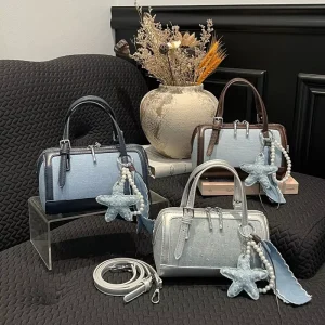 New Arrival Women Denim Boston Handbag Silver PU Patchwork Small Crossbody Bag with Star Charm