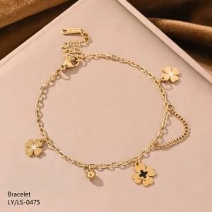 New Arrival Women’s Trendy Party Elegant Fashion 18K Gold Plated Stainless Steel Four Leaf Clover Beads Charm Bracelet