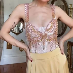 New Arrival Y2K Festival Female Crystal Body Chain Bra Pearl Beaded Bralette Pink Hollow Out Gem Cami Top