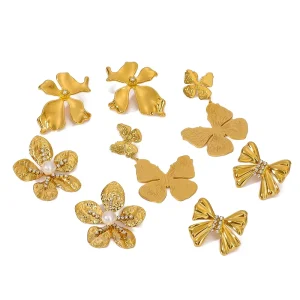 New Arrivals Butterfly Flower Diamond Pearl Stud Earrings Stainless Steel 18K Gold Plated Zircon Trendy Party Jewelry for Women