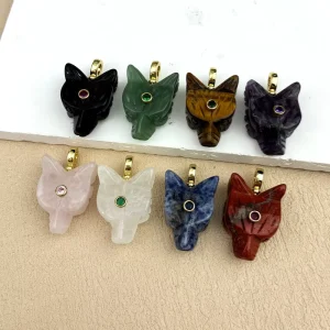 New Arrivals Carved Natural Stones Fox Shape Fashion Pendants DIY Necklace Crystal Jewelry Amethyst Sodalite Wolf Head Charms