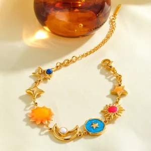 New Arrivals Sun Moon Stainless Steel Gold Plated Geometric Charm Bracelet for Women’s Trendy Minimalist Style Jewelry