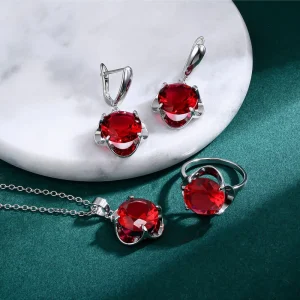 New Arrive Ruby Zircon Jewelry Set Korean Jewellery Women Setting Blank Claw Ensembles De Bijoux