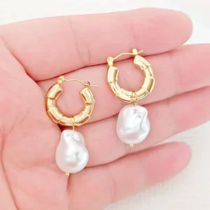 New Baroque Imitation Pearl Drop Earrings Simple Ins Wind Temperament Stainless Steel Jewelry Geometric Pattern Trendy