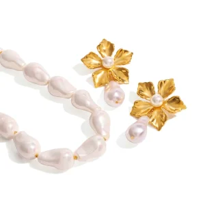 New Baroque Pearl Necklace Flower Shape Pearl Earrings Fashion Baroque Pearl 18k Pvd Coated Jewelry Bracelet Earrings Gift Set
