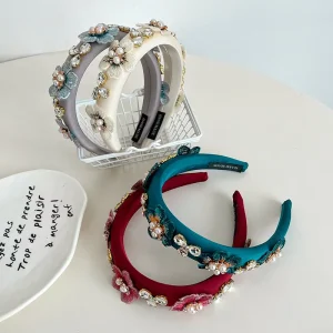 New Baroque Pearl Rhinestone Sponge Headband Exquisite Embroidered Flower Hair Accessories European and American