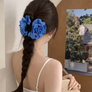 New Blue Embroidered Rose Flower Bud Hair Claw Clip Flower Lace French Elegant and Sweet Headwear Hair Accessory
