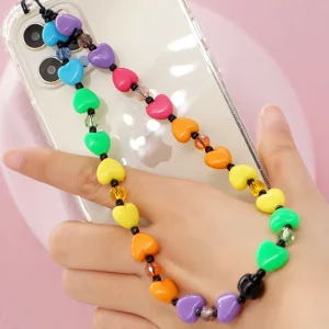 New Bohemian Colorful Acrylic Heart Wrist Chain Lanyard Crystal Beads Charm Chain for Women Accessories Spare Parts