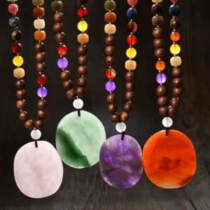 New Boho Ethnic Style Natural Wood Beaded Long Necklace Exaggerated Big Oval Energy Natural Stone Gemstone Pendant Necklace