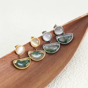 New Chinese Style 18K Gold Plated Cat Eye Stone Drop Earrings Vintage Leaf Floral Inlaid Waterproof Jewelry for Women
