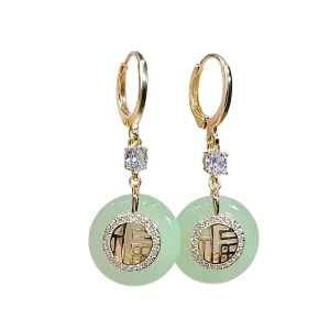 New Chinese Style Fu Character Jade Alloy Electroplated Safety Buckle Fashion Good Luck All Match Women’s Hoop Earrings