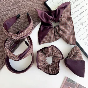 New Coffee Checkered Knotted Headband Hair Clip Simple Korean Fashion Scrunchie Grab for Autumn and Winter Hair Accessories