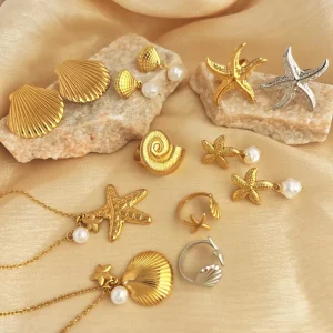New Collection Gold Plated Stainless Steel Waterproof Beach Sea Shell Inspired Fashionable Drop Earrings Necklace