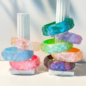 New Concave Convex Water Ripple Iridescent Resin Wide Bangle Bracelet Multi Translucent Fresh Tone Glossy Acrylic Bangles