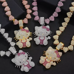 New Cross border Hip hop Cute pink cat Pendant Cute Cartoon Cat Necklace Trendy Diamond encrusted Pendant Alloy Bamboo Chain