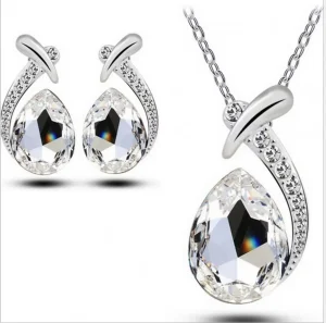 New Crystal Jewelry Set Pendant Necklace And Earrings With Large Zircon Inlay White Women’s Necklace