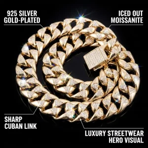 New Cuban Link 925 Sterling Silver Moissanite 12mm Wide Gold Men’s Hip Hop Necklace Fashionable Moissanite Cuban Chain