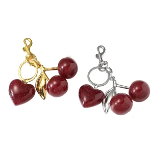 New Custom Resin Heart Shape Cherry Keychain Fashionable Metal Key Ring Bag Charm