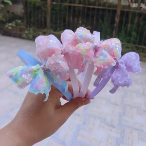 New Cute Cat Ears Butterfly Headband Glitter Temperament PVE Crown Hair Accessories Hair Band for Children