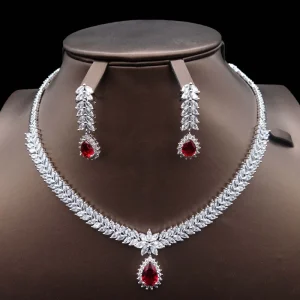 New Deluxe AAA Zircon Ruby Real Gold Plated Bridal Jewelry Set
