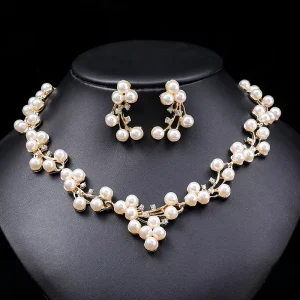 New Design Bridal Pearl Jewelry Sets Women Girls Pearl Necklace Gold Plated Pearl Necklace Earring Set for Dress