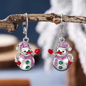 New Design Christmas Jewelry Snowman Shaped Pink Green Zircon Dangle Earrings for Women Fashion Party Drop Earrings