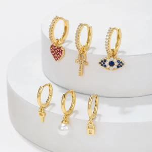 New Design Color Zircon Earrings Set 18K Gold Plated Brass Earrings Fashion Jewelry Geometric Pearl Pendant Earrings for Women