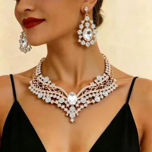 New Design Diamond Crystal Jewelry Sets for Wedding Party Alloy Rhinestone V Shape Necklace Earrings for Women