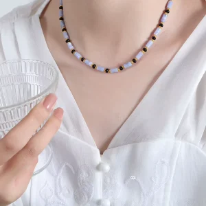 New Design Fashion Accessories Personalized Trendy Blue Gold and Black Stone Necklace 18k Gold Plated Stainless Steel Jewelry