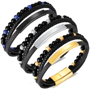 New Design Fashion Fiber Synthetic Leather Jewelry Bracelet Natural Stone Beaded Leather Mens Bracelet Gift