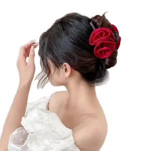 New Design Fashion Women Hair Accessories Sweet Flower Hair Clips Rose Satin Hair Claw Clips for Parties