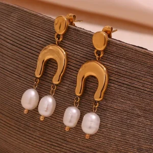 New Design French Retro Niche316l Stainless Steel Jewelry 18k Pvd Gold Earrings Freshwater Pearl Inverted U Shaped Earrings