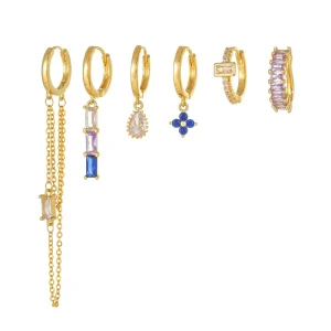 New Design Fringe Sapphire Earringset 18K Gold Plated Brass Earring Fashion Jewelry Personality Zircon 6 Piece Earring for Women