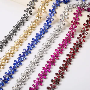 New Design Glass Crystal Iron On Flower Rhinestone Banding Crystal Chains Hotfix Rhinestones Trim For Wedding Dress