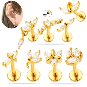 New Design Gold Tragus Lobe Earrings Internally Thread Cartilage Labret Piercing Jewelry Zircon Flower Ear Lip Stud