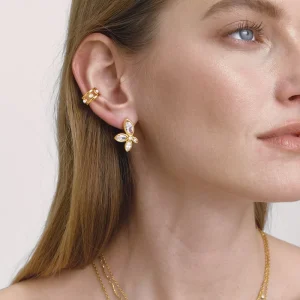 New Design Hypoallergenic Waterproof Sparkle Everyday Wear Gold Plated 316L Stainless Steel Floral Zircon Stud Earrings