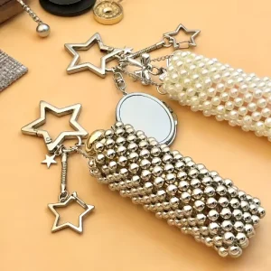 New Design Imitation Pearl Beads Mesh Bag Mirror Gloss Lipstick Holder Makeup Bag Charm Keychain with Mirror