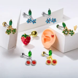 New Design Labret Piercing CZ Cherry Lip Stud Rings Flat Back Earring Fashion Body Jewelry for Women Tragus Cartilage
