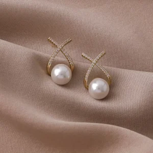 New Design Luxurious Pearl Stud Earring Fashion Jewelry X Shape Alloy Diamond Pearl Drop Earrings for Women