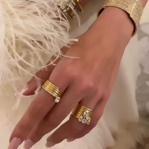 New Design Luxury Fashion Personality Ring Gold Plated Trendy Stainless Steel Multi Layer Rhinestone Ring